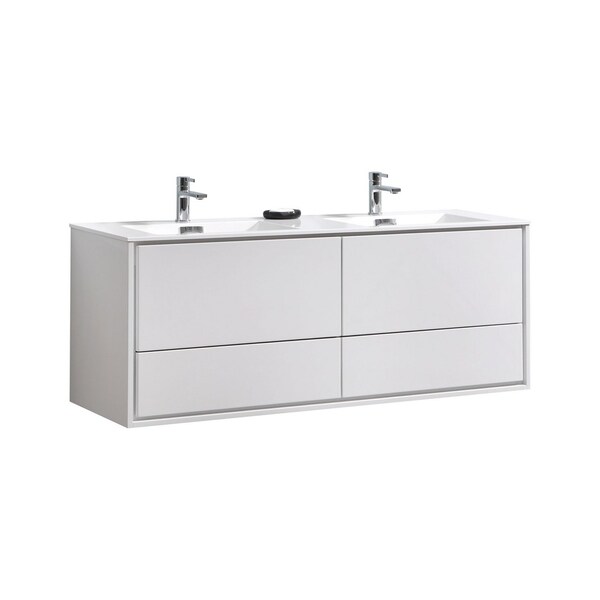 De Lusso 60" Double Sink High Gloss White Wall Mount Modern Bathroom Vanity