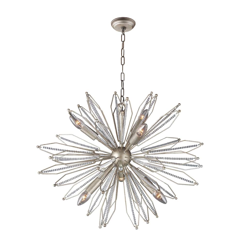 6 Light Sputnik Chandelier in Antique Silver and Clear Glass