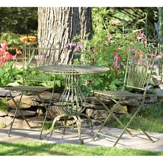 Metal Bistro Set With Two Folding Chairs & One Round Table In Antique 