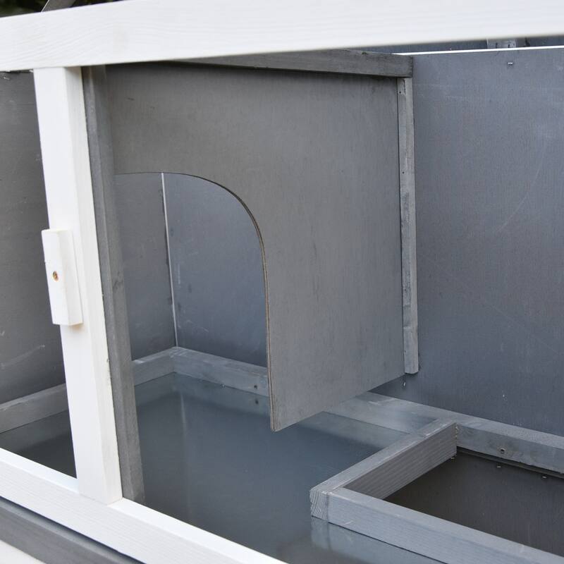 PawHut Wooden Rabbit Hutch Bunny Cage Small Animals Habitat with Ramp, Removable Tray and Weatherproof Roof, Grey