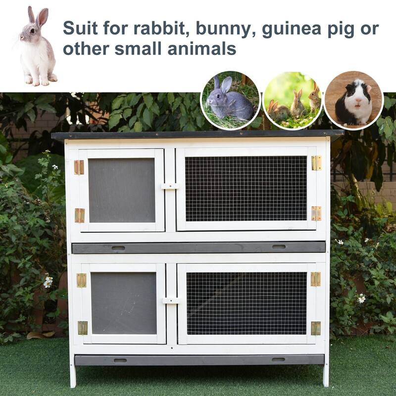 PawHut Wooden Rabbit Hutch Bunny Cage Small Animals Habitat with Ramp, Removable Tray and Weatherproof Roof, Grey