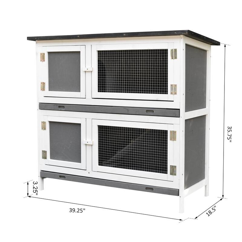 PawHut Wooden Rabbit Hutch Bunny Cage Small Animals Habitat with Ramp, Removable Tray and Weatherproof Roof, Grey