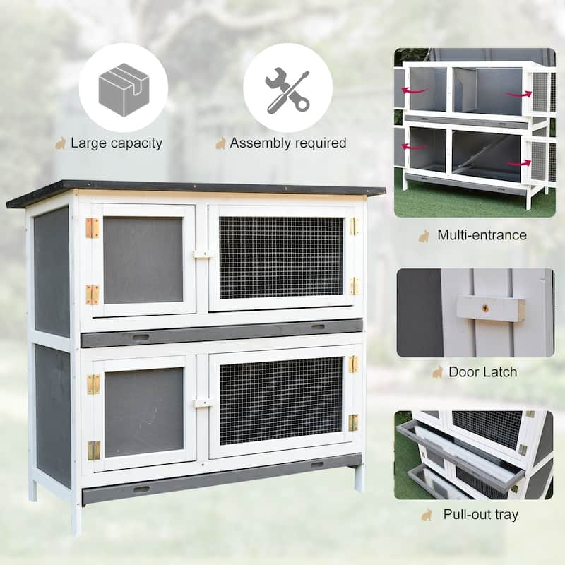 PawHut Wooden Rabbit Hutch Bunny Cage Small Animals Habitat with Ramp, Removable Tray and Weatherproof Roof, Grey