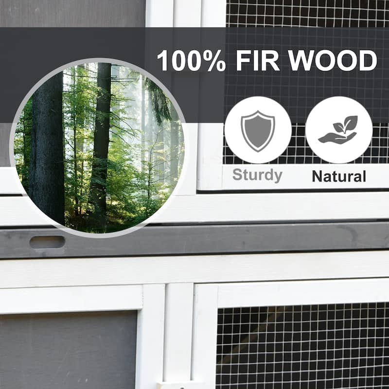 PawHut Wooden Rabbit Hutch Bunny Cage Small Animals Habitat with Ramp, Removable Tray and Weatherproof Roof, Grey