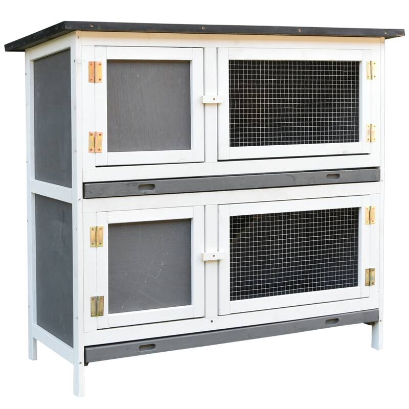 PawHut Wooden Rabbit Hutch Bunny Cage Small Animals Habitat with Ramp, Removable Tray and Weatherproof Roof, Grey