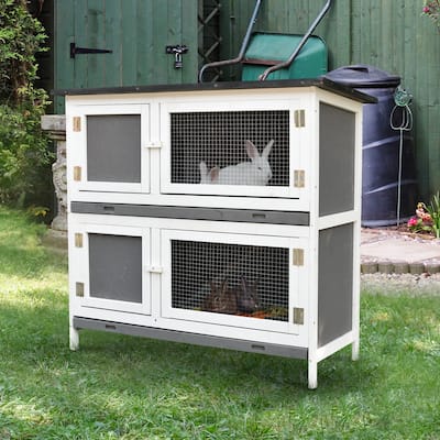 PawHut Wooden Rabbit Hutch Bunny Cage Small Animals Habitat with Ramp, Removable Tray and Weatherproof Roof, Grey