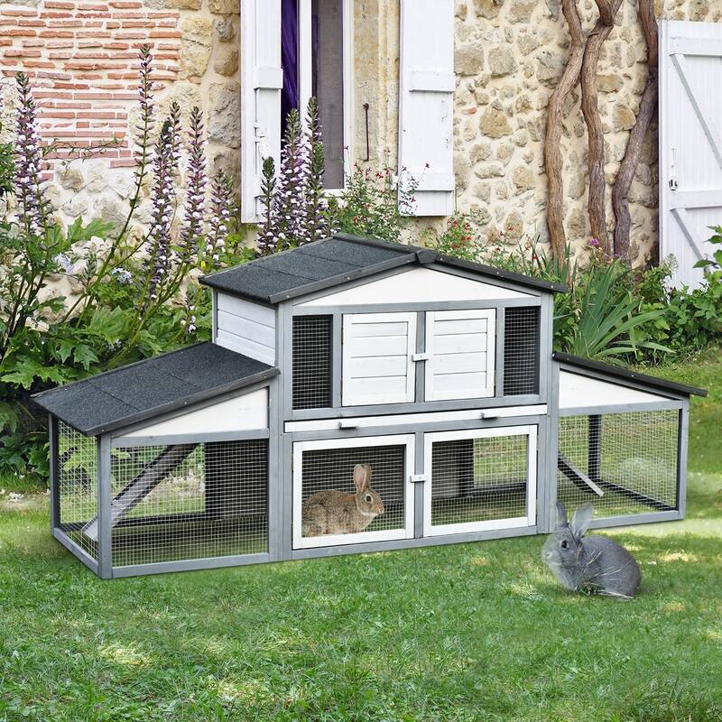 PawHut Wooden Rabbit Hutch with Outdoor Run Area, Waterproof Roof, and Big Living Space Perfect for Bunny/Small Animals