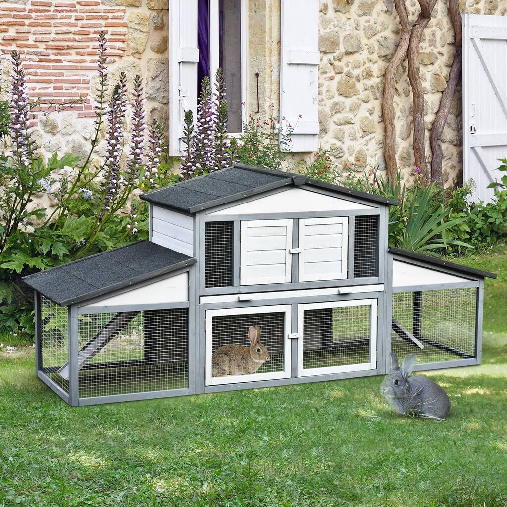 PawHut Wooden Rabbit Hutch with Outdoor Run Area, Waterproof Roof, and Big Living Space Perfect for Bunny/Small Animals