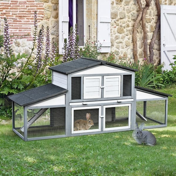 PawHut Wooden Rabbit Hutch with Outdoor Run Area, Waterproof Roof, and