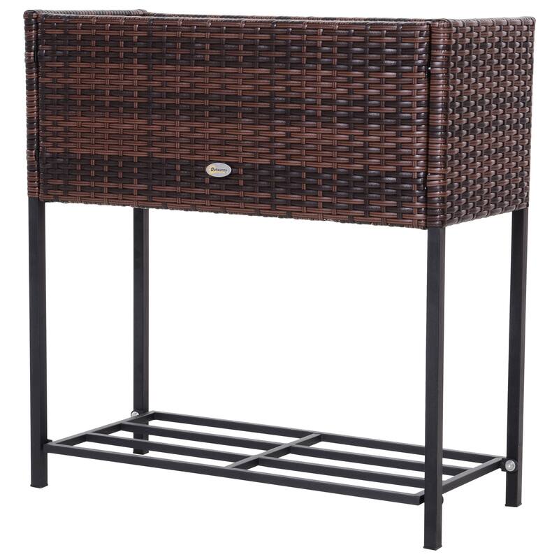 Outsunny Indoor/Outdoor Rattan Flower Planter Box with Tool Storage Rack Below and Sturdy Elevated Work Area, 28" H