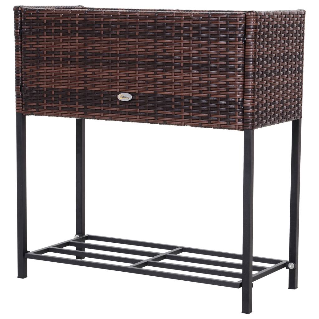 Outsunny Indoor/Outdoor Rattan Flower Planter Box with Tool Storage Rack Below and Sturdy Elevated Work Area, 28" H