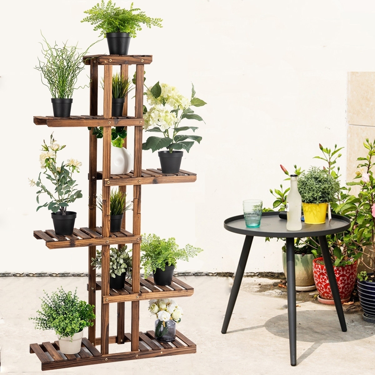 6 Tier Wood Extra Large Indoor Tall Plant Stand Shelf Garden Flower Rack w/Wheel 