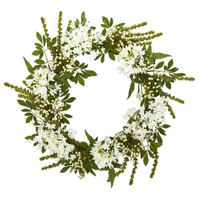 Nearly Natural Home Decorative 24" White Mixed Floral Artificial Faux Wreath