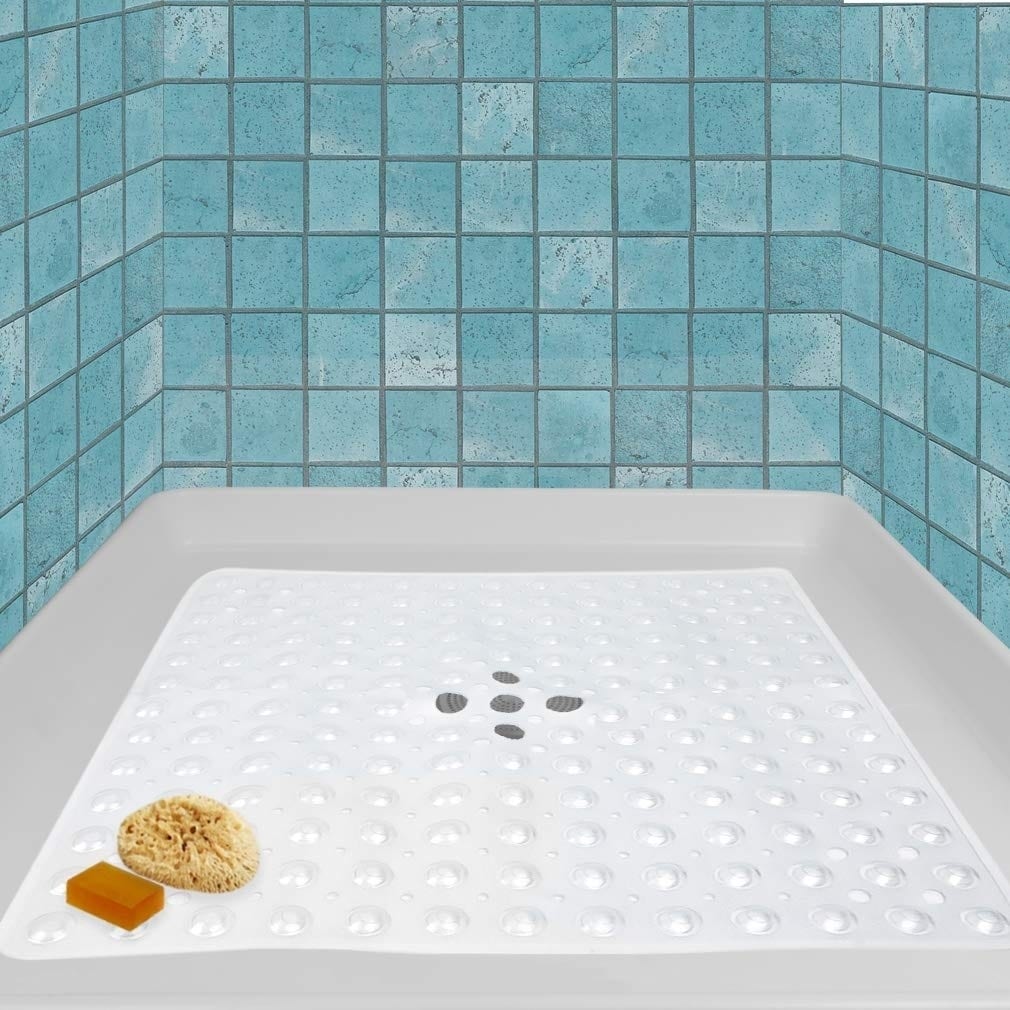 Large Square Shower Mat Non Slip - Shower Mat with Drain Hole in