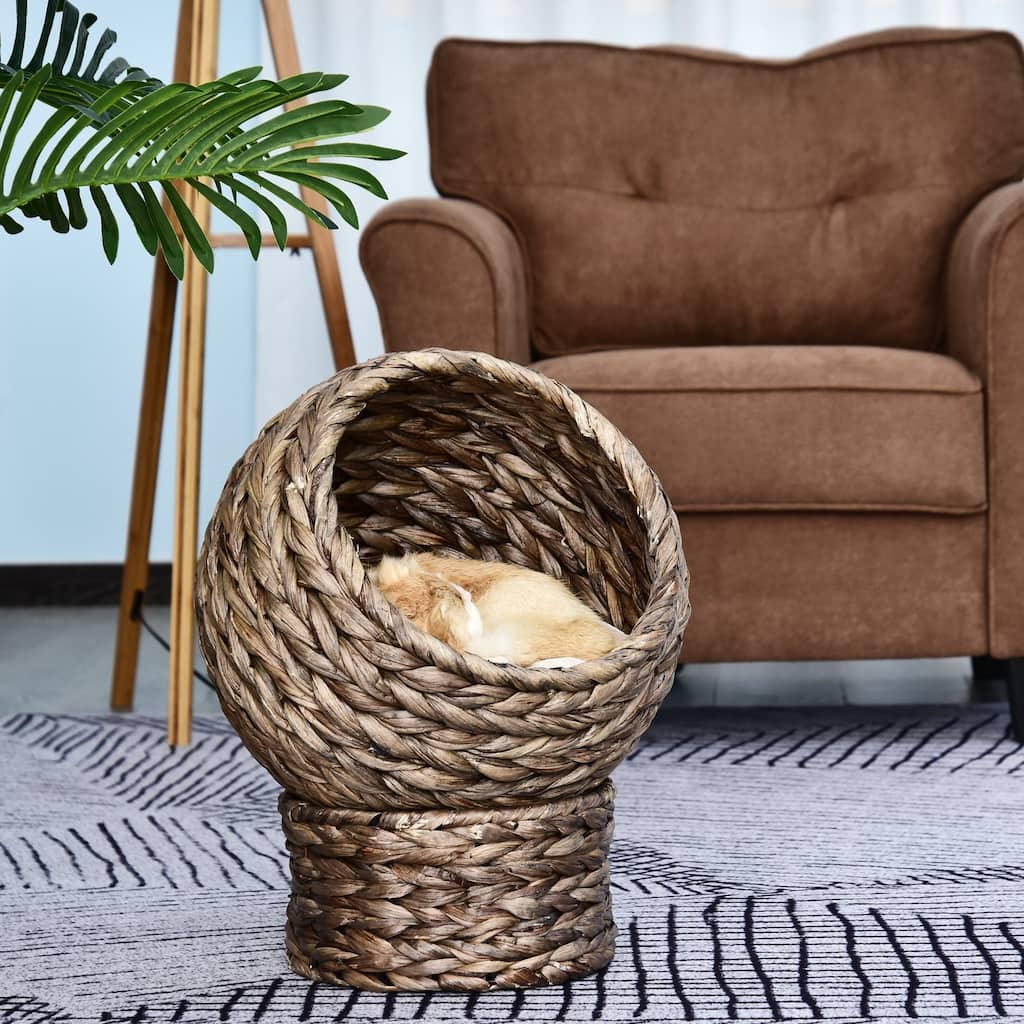 PawHut 20" Natural Braided Banana Leaf Elevated Cat Bed Basket with Cushion, Grey