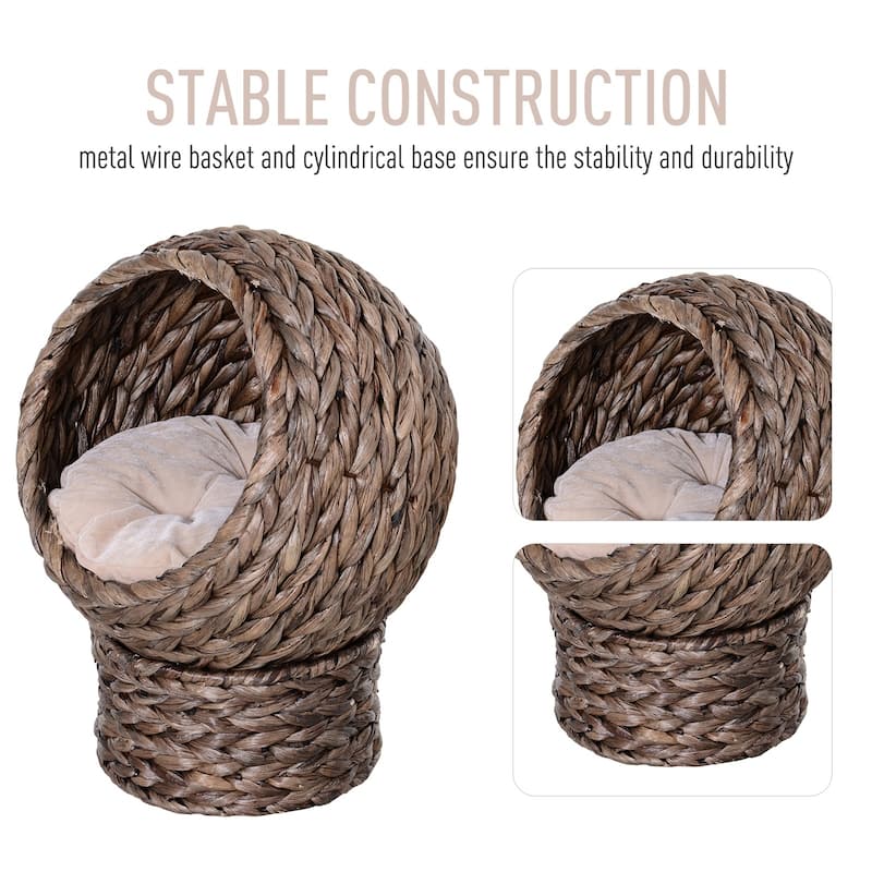 PawHut 20" Natural Braided Banana Leaf Elevated Cat Bed Basket with Cushion, Grey