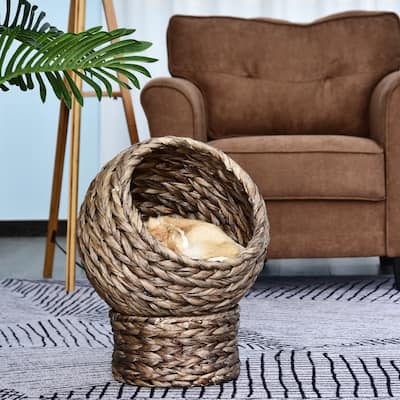 PawHut 20" Natural Braided Banana Leaf Elevated Cat Bed Basket with Cushion, Grey