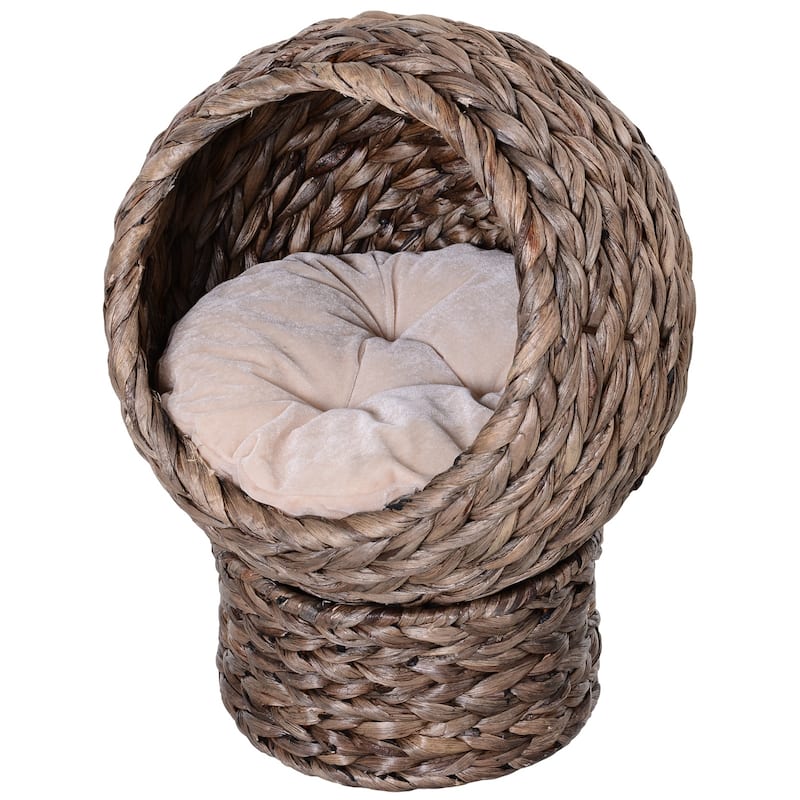 PawHut 20" Natural Braided Banana Leaf Elevated Cat Bed Basket with Cushion, Grey
