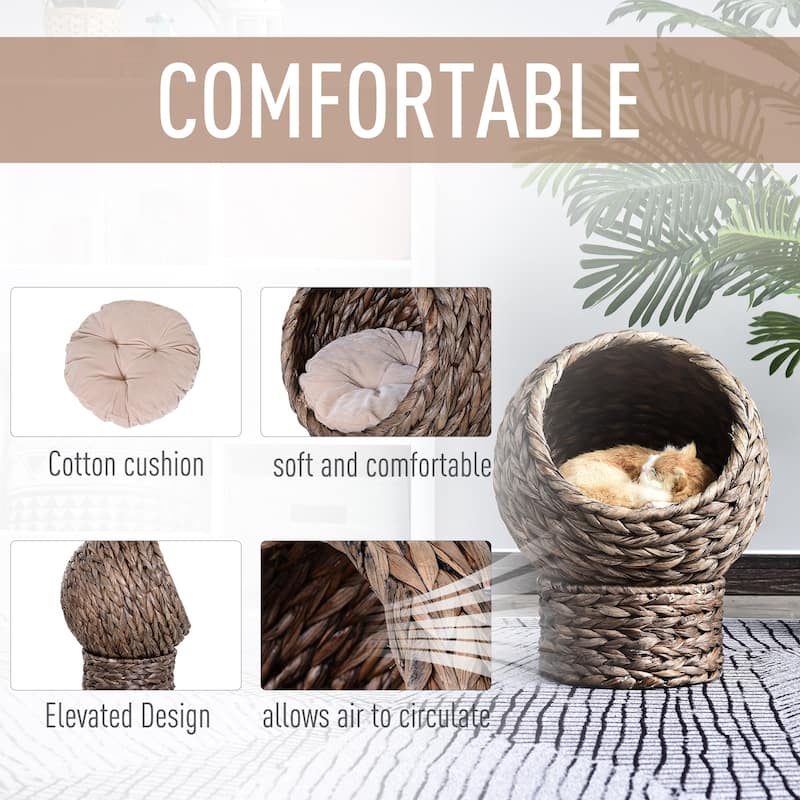PawHut 20" Natural Braided Banana Leaf Elevated Cat Bed Basket with Cushion, Grey
