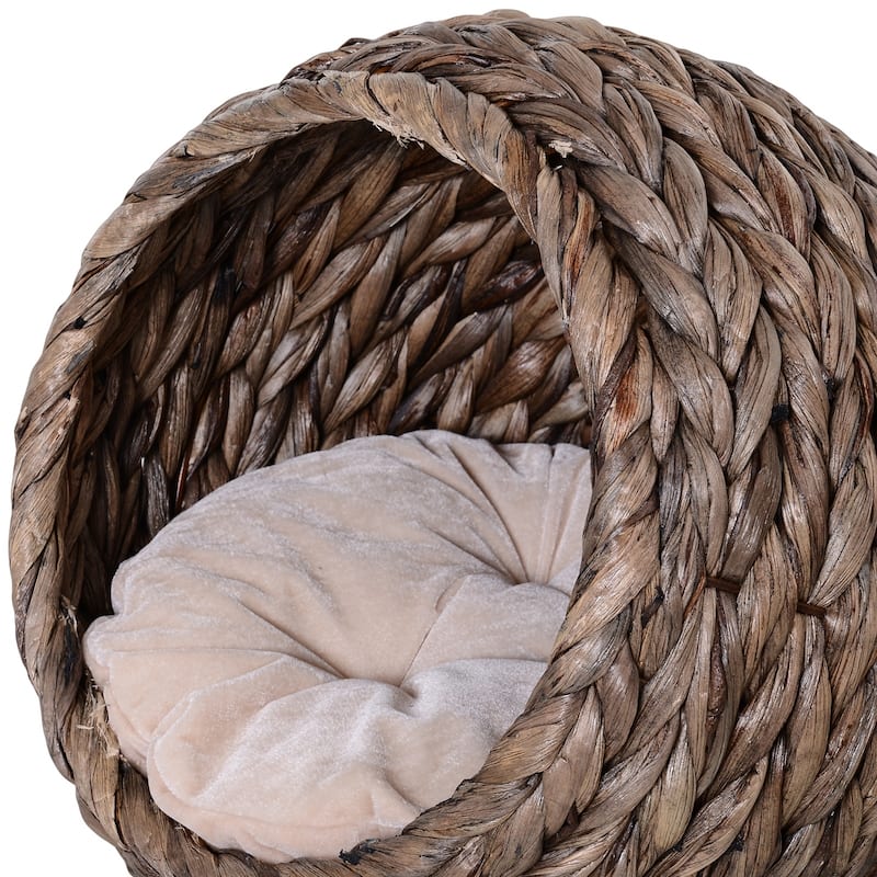 PawHut 20" Natural Braided Banana Leaf Elevated Cat Bed Basket with Cushion, Grey