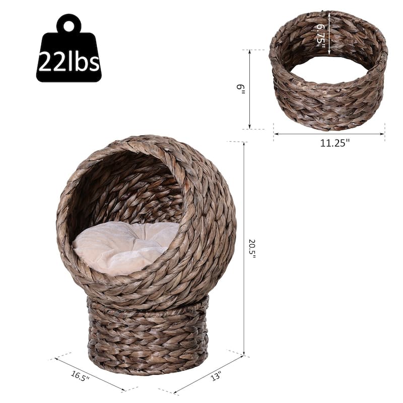 PawHut 20" Natural Braided Banana Leaf Elevated Cat Bed Basket with Cushion, Grey