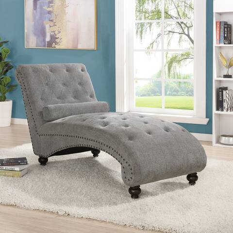 Roundhill Furniture Hervey Tufted Chenille Chaise Lounge with Nailhead Trim, Gray