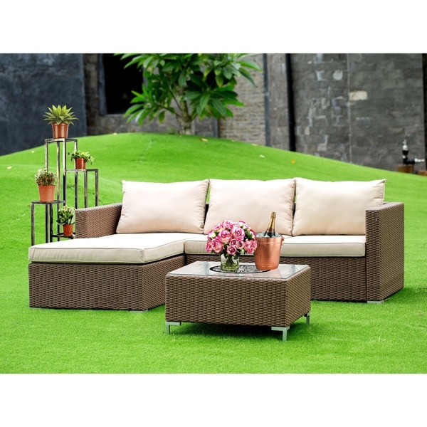 Outdoor Wicker Sectional Sofa Set Includes Patio Table and Linen Fabric Cushion (Color Option)