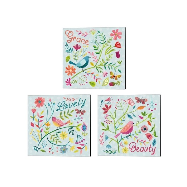 Farida Zaman 'Budding Beauty Light Blue' Canvas Art (Set of 3)