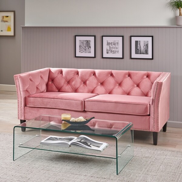 Chatwin Contemporary Tufted Velvet 3 Seater Sofa by Christopher Knight Home - 32.50" D x 77.00" W x 30.25" H. Opens flyout.