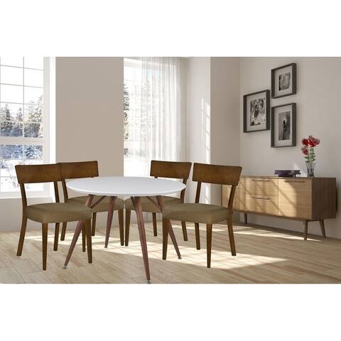 Round Dining Set White Glossy and Wooden Walnut Set of 5