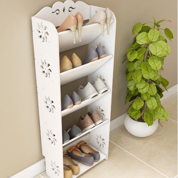 Wood-plastic Board Four Tiers Bevel Carved Shoe Rack White