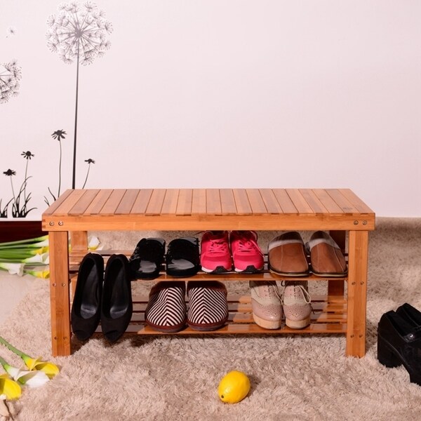 90cm Strip Pattern 3 Tiers Bamboo Stool Shoe Rack Wood Color
