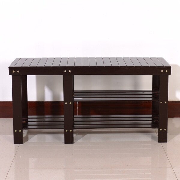 90cm Strip Type Bamboo Stool Shoe Rack with Boots Compartment Coffee
