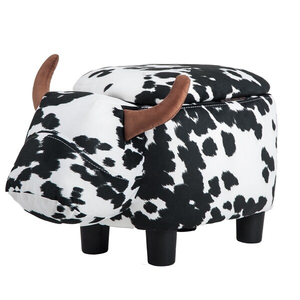 Upholstered Ride-on Storage Ottoman Footrest Stool with Vivid Adorable Animal-Like Features (Black and White Cow)