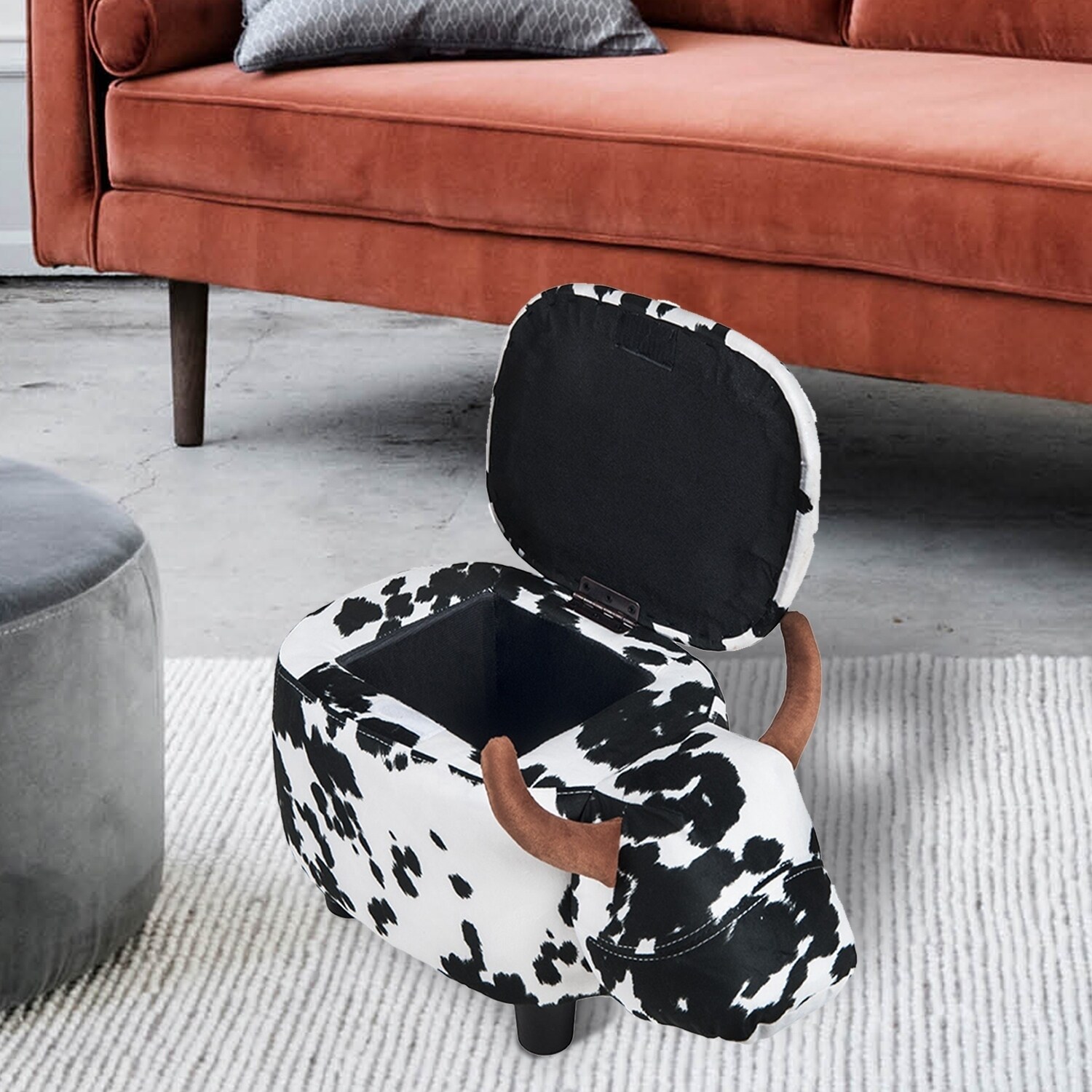 Upholstered Animal Storage Ride-on Ottoman Footrest Stool with 4 Wooden Feet Vivid Adorable Animal-Like Features Cow