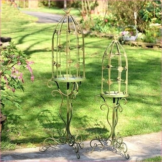 View of Set of 2 Standing Bird Cage Plant Stand with Iron Bird Details - Large ...