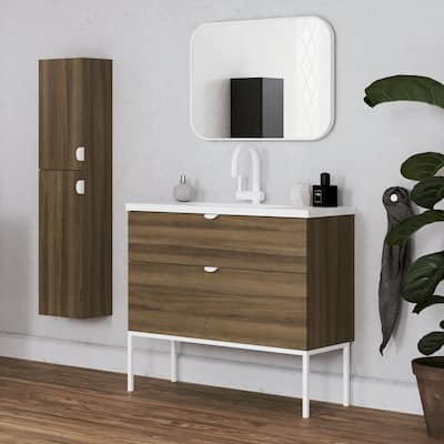32" Modern Bathroom Vanity Smug | Walnut Wood White handle and legs | 32 x 33 x 18" Cabinet + Sink