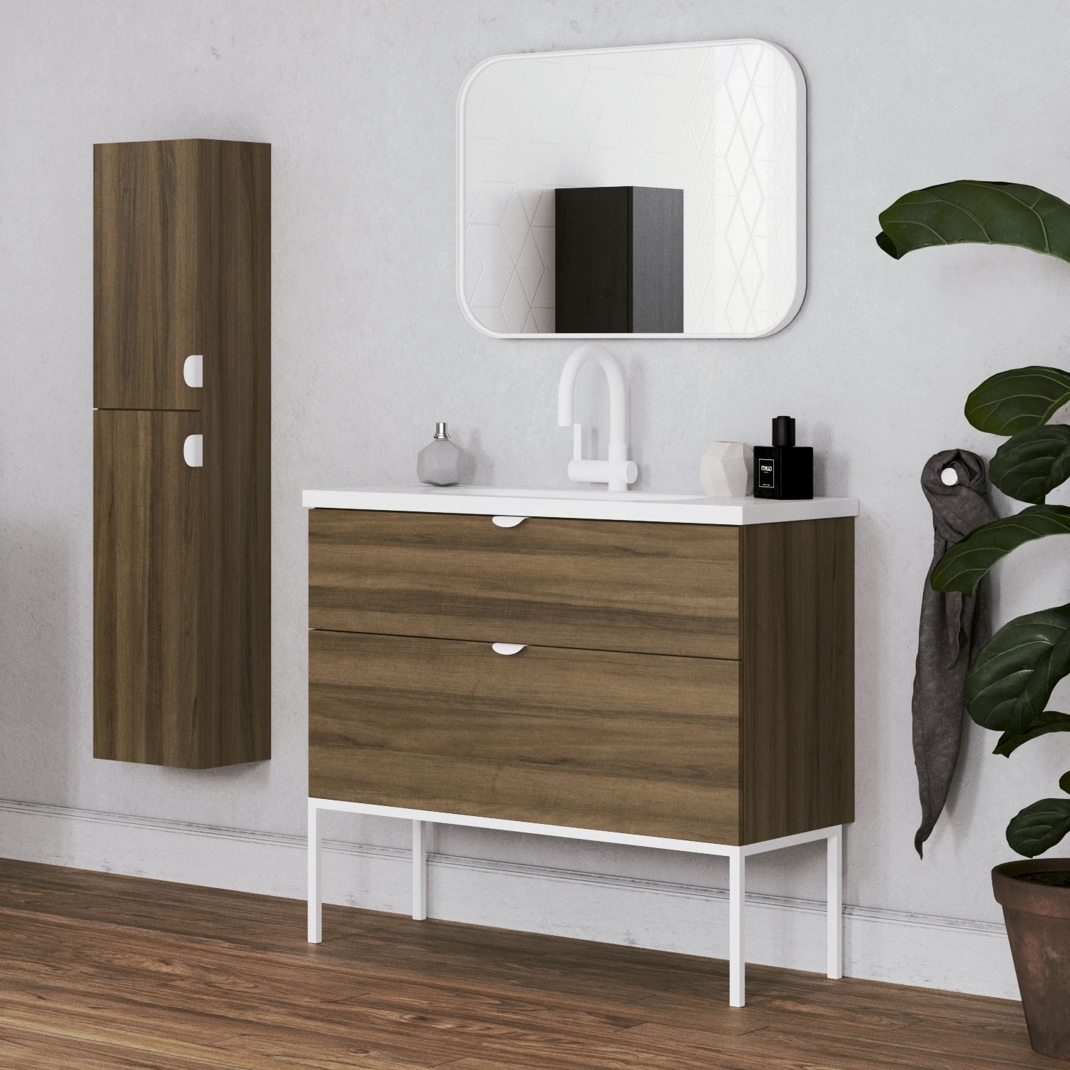 40 Modern Bathroom Vanity Smug Walnut Wood White Handles