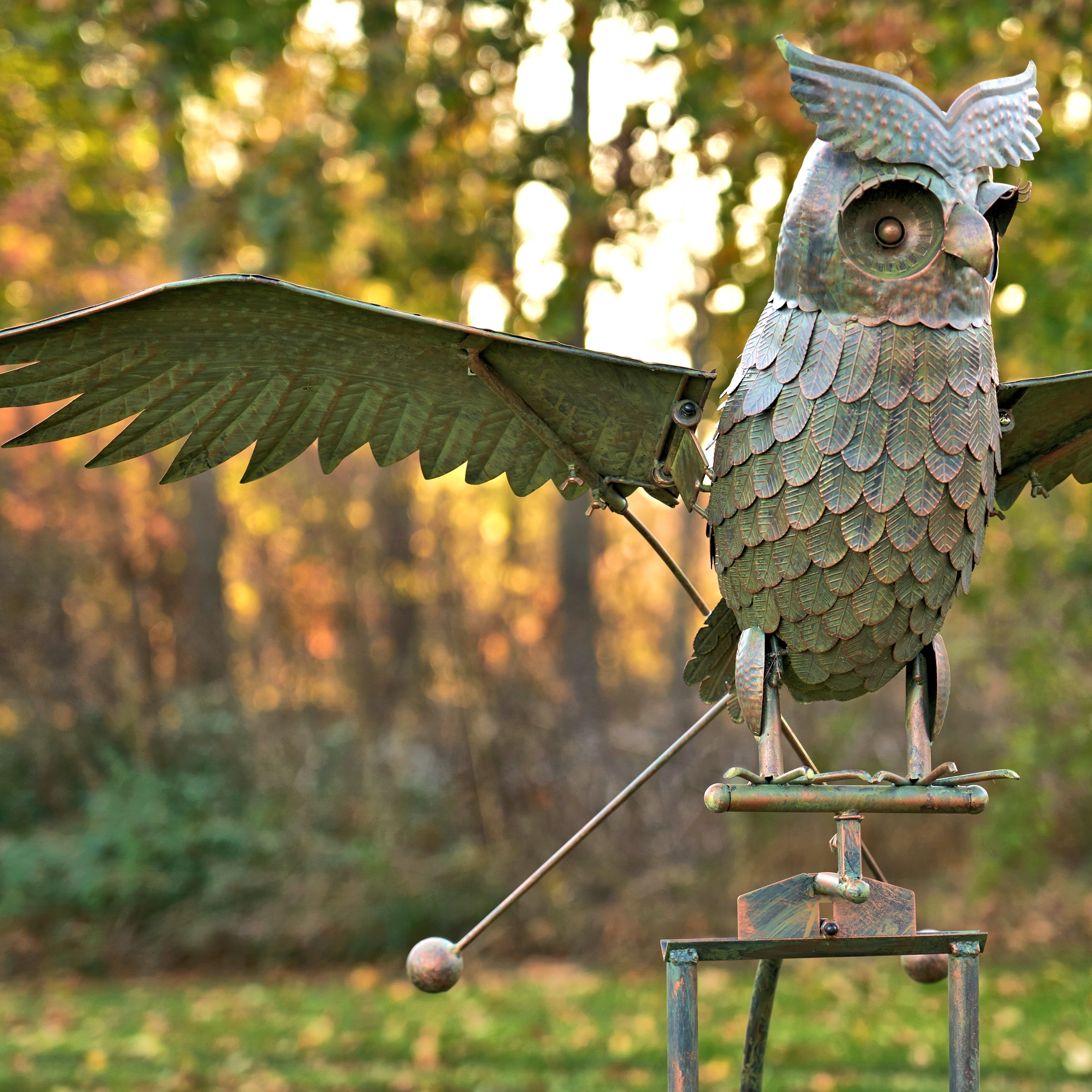 Large Metal Rocking Owl with Solar Eyes Weston in Antique Rust - Iron