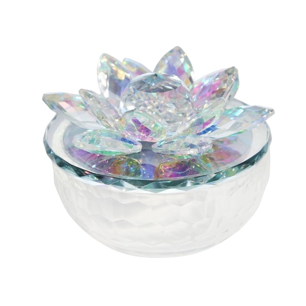 Glass Trinket Jar Accented with Crystal Lotus Flower, White and Clear