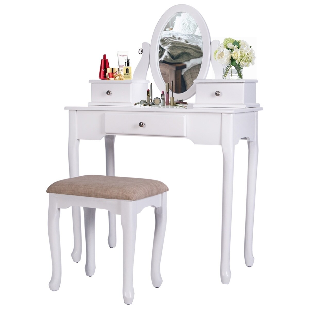 Shop Merax Vanity Set With Stool Dressing Make Up Table With 3 Drawers And Mirror On Sale Overstock 30609022