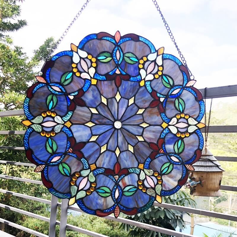 Gracewood Hollow Beidao Circular Blue Glass Window Panel/Suncatcher with Multicolored Accents