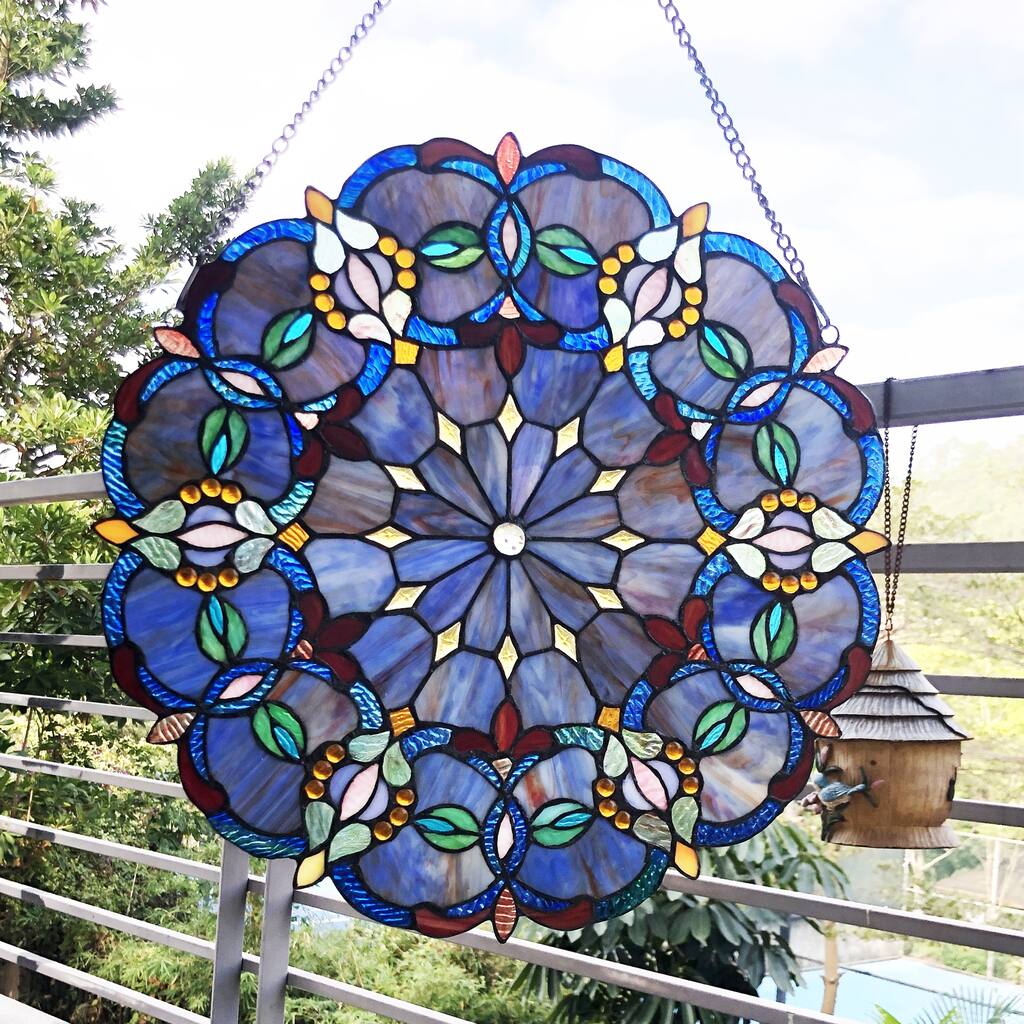 Gracewood Hollow Beidao Circular Blue Glass Window Panel/Suncatcher with Multicolored Accents