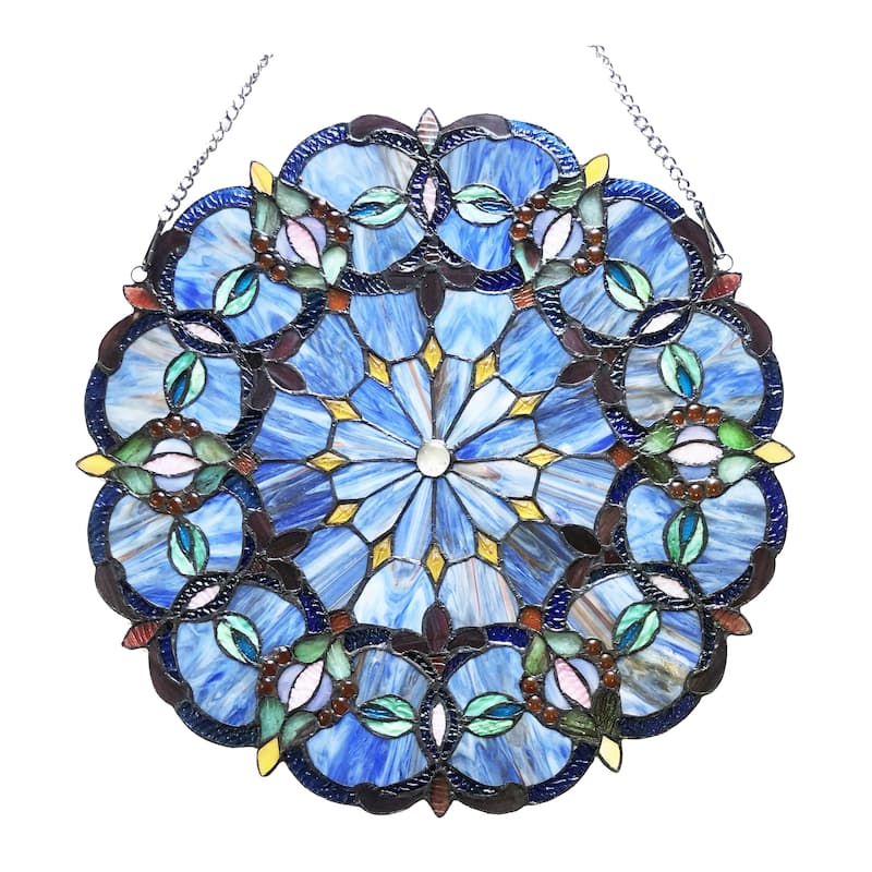 Gracewood Hollow Beidao Circular Blue Glass Window Panel/Suncatcher with Multicolored Accents