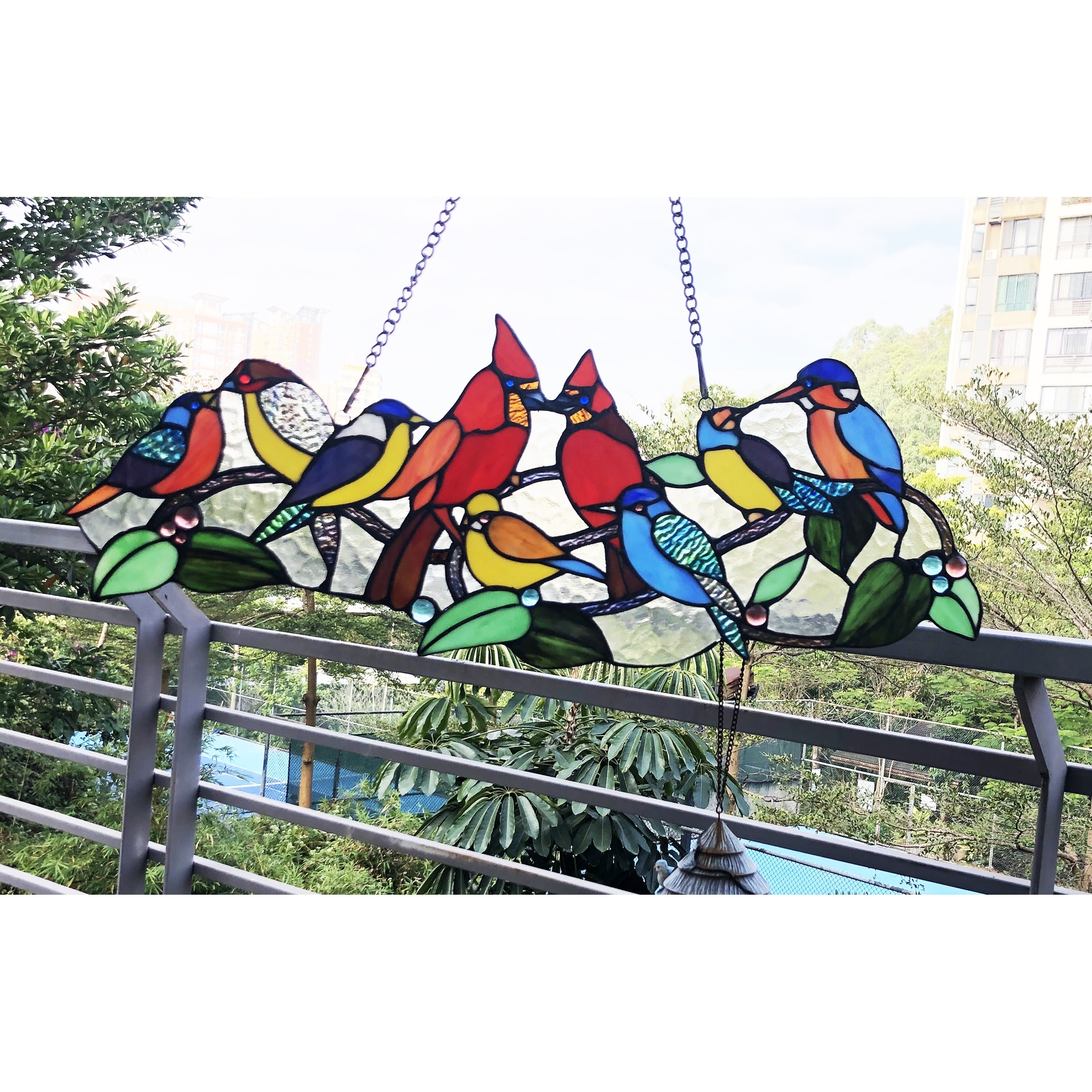 Gracewood Hollow Berssen Glass Window Panel/Suncatcher with Cute Birds