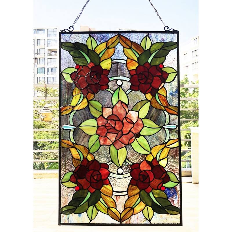Gracewood Hollow Brugge Glass Window Panel/Suncatcher with Floral Embellishments