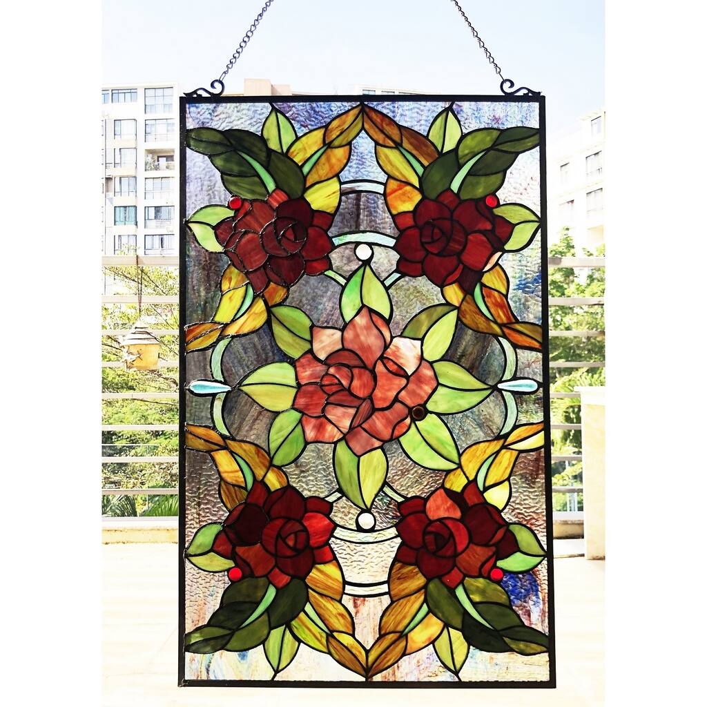 Gracewood Hollow Brugge Glass Window Panel/Suncatcher with Floral Embellishments