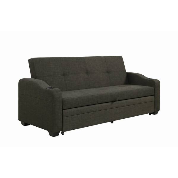Fabric Upholstered Wooden Sofa Bed with Cup Holders, Gray Overstock