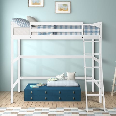 Merax Panel Style Solid Wood Loft Bed, Side Angled Ladder