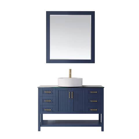 Modena 48" Vanity in Royal Blue with Glass Countertop with White Vessel Sink With Mirror